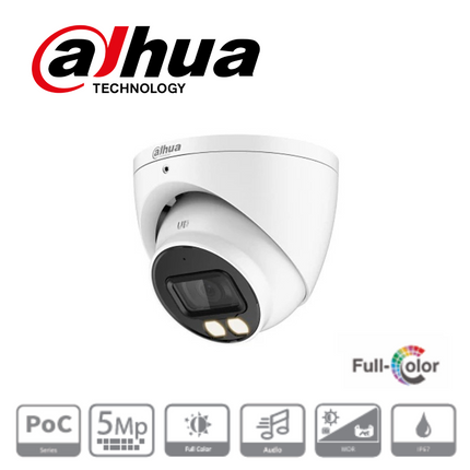 Dahua DH-HAC-HDW1509TP-A-LED-POC-0280B-S2 5MP Full-Color HDCVI PoC Eyeball Camera, 2.8mm Fixed Lens, Built-in Mic, IP67, White